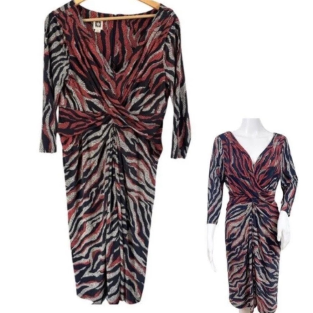 Anne Klein Fitted Bold Stripe Midi Dress Twist Front & Ruching Womens